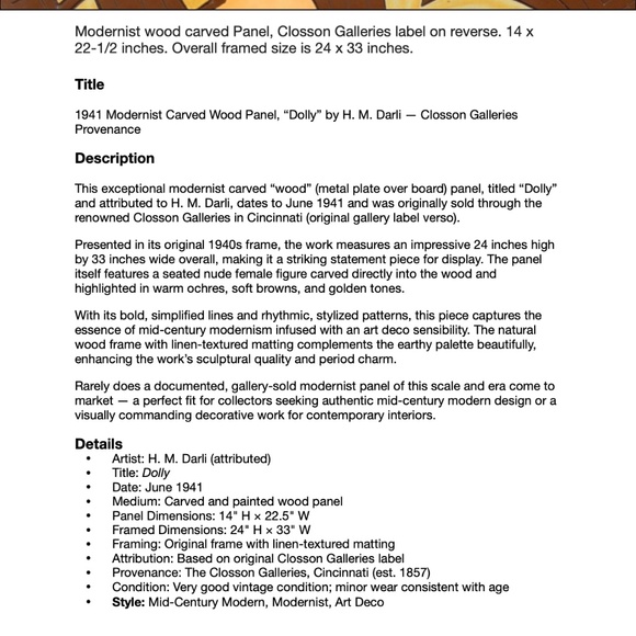 1941 Modernist Carved Wood Panel, “Dolly” by H. M. Darli — Closson Galleries Pro - Picture 6 of 6